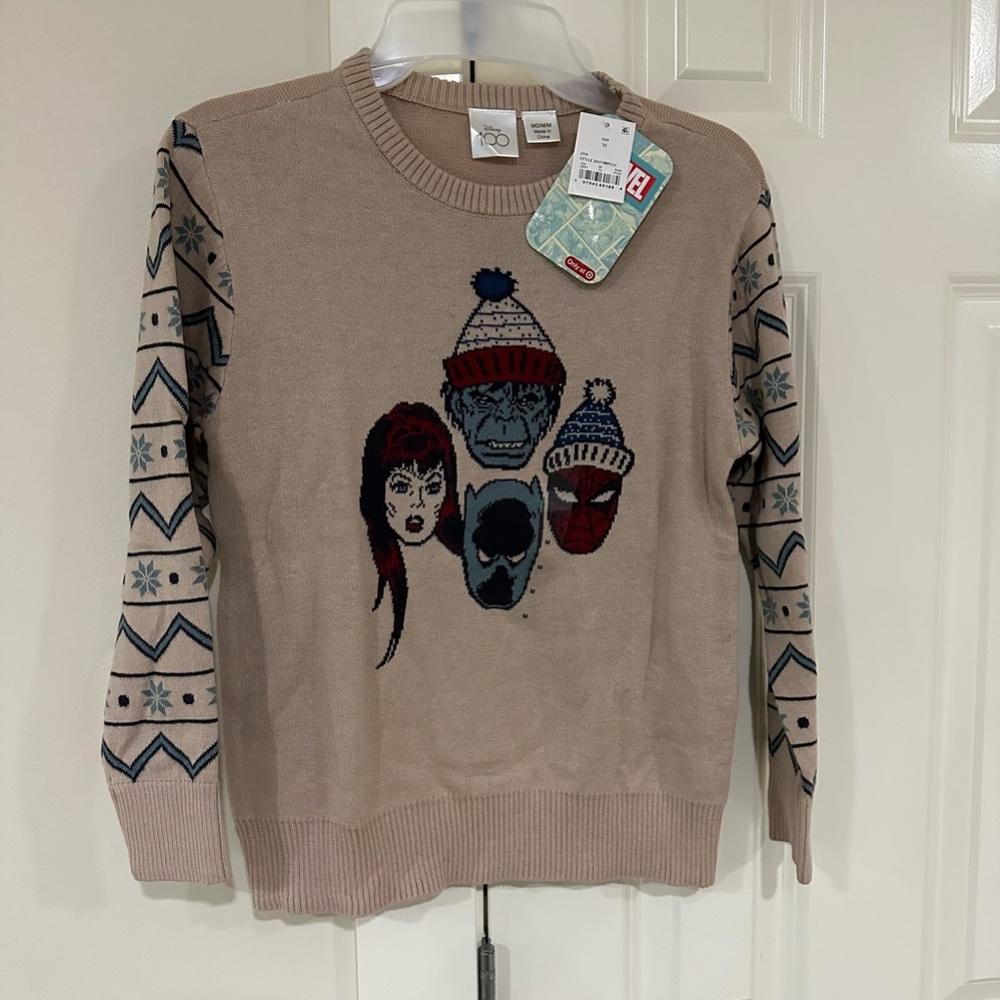 Boys Small Disney Marvel Avengers Winter Holiday Tan Snowflake Sweater